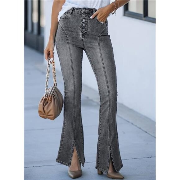 Gray High Waist Flare Jeans Split Straight Leg Dark Wash Denim Jean Pants - Picture 1 of 6